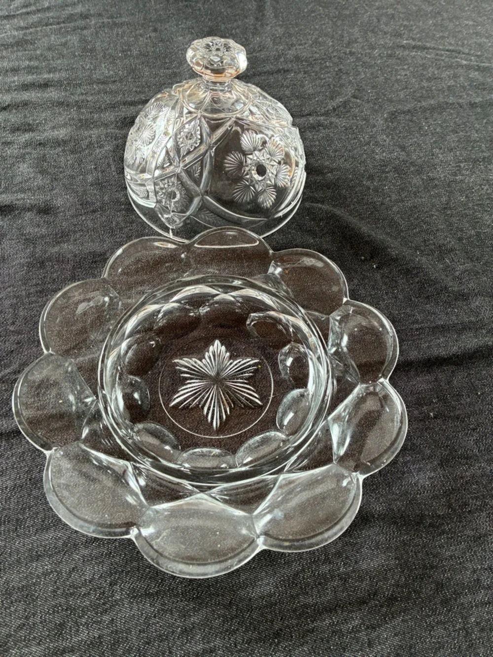 Clear Floral Pressed Glass Butter Dish with Dome Lid. Ventige